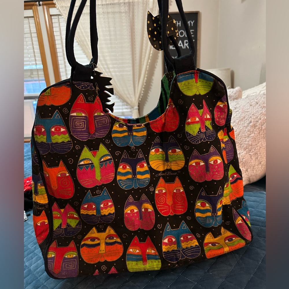 Laurel Burch All Over Cat Faces Black Colorful Double Handle Tote Purse